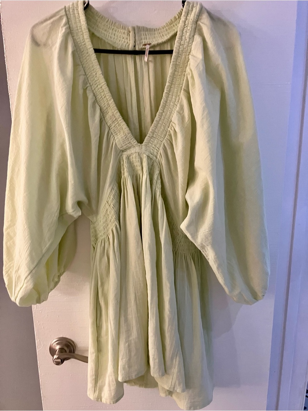 Free People Light Green Long Sleeve Smocked V-Neck Mini Dress